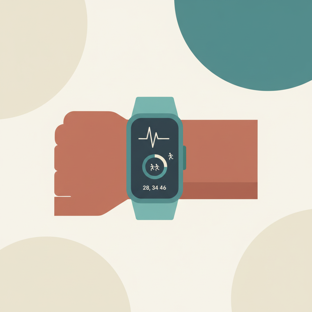 A sleek, modern wearable tech fitness tracker monitoring health metrics on a wrist.